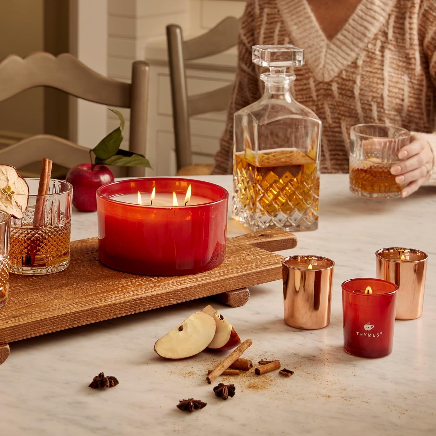 Thymes Aromatic Votive Trio – Set of Three Votive Candles – Luxury Home Fragrance – Scented Candles with Notes of Freshly Pressed Apple, Clove, & Cardamom – Red & Rose Gold (Simmered Cider, 2 Oz Each)
