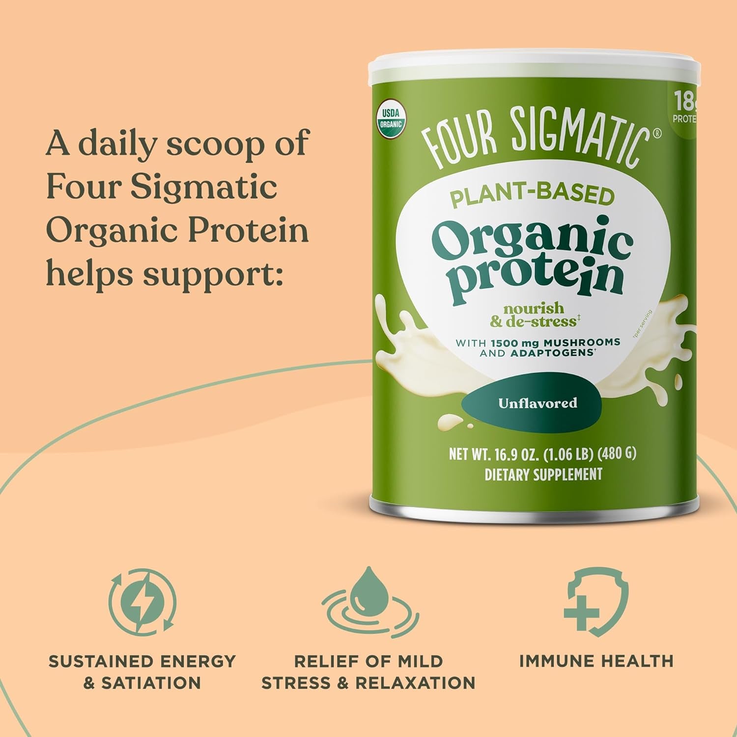 Four Sigmatic Organic Plant-Based Protein Powder Unflavored Protein with Lion’S Mane, Chaga, Cordyceps and More | Clean Vegan Protein Elevated for Brain Function and Immune Support | 16.9 Oz