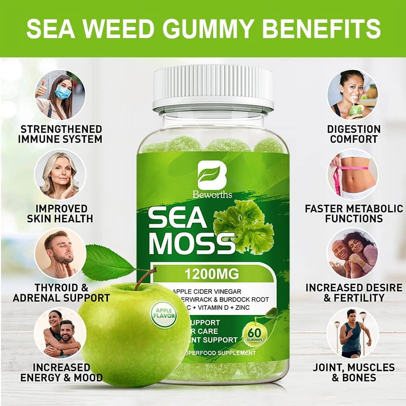 Organic Sea Moss Gummies - Seamoss Supplement for Thyroid, Energy, Immune Support - 60 Vegan Gummies