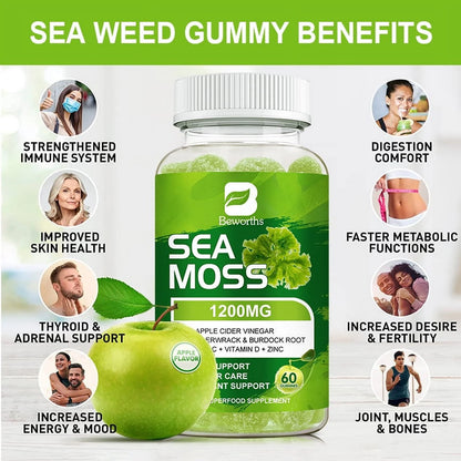 Organic Sea Moss Gummies - Seamoss Supplement for Thyroid, Energy, Immune Support - 60 Vegan Gummies
