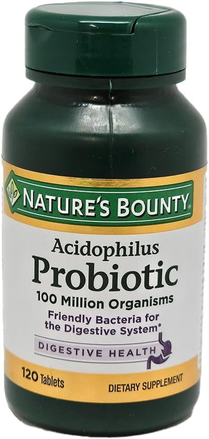 Nature'S Bounty Lactobacillus Acidophilus Probiotic Supplement - Daily Probiotic for Women/Men Digestive Health, 100 Million Organisms, Vegetarian, 1 Serving per Day, 120 Tablets