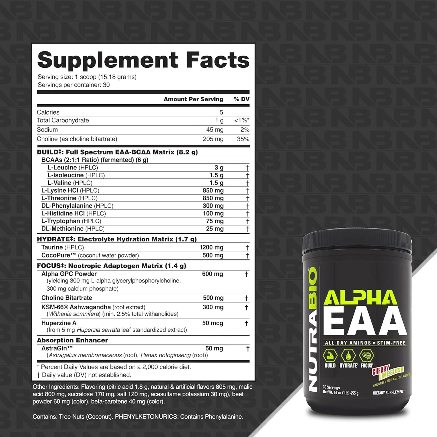 Nutrabio Alpha EAA - All-Day Amino Acids for Muscle Growth and Hydration - Essential Amino Acids with Nootropics & Adaptogens- Full Spectrum EAA BCAA Powder - 30 Servings - Cherry Lime Slush