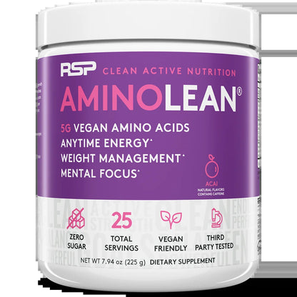 Vegan Aminolean Pre Workout Powder with Bcaas, Natural Amino Energy for Lean Muscle, Acai Flavor, 25 Servings