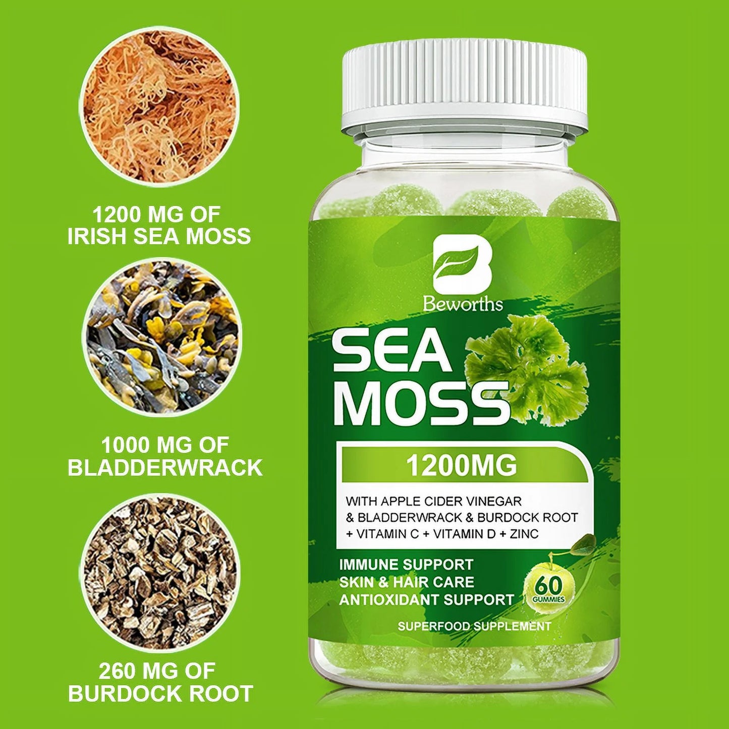 Organic Sea Moss Gummies - Seamoss Supplement for Thyroid, Energy, Immune Support - 60 Vegan Gummies